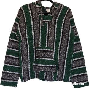 Men's Knit Mexican Hippie Baja Hoodie Green Rasta Sweater Large Pullover Jacket